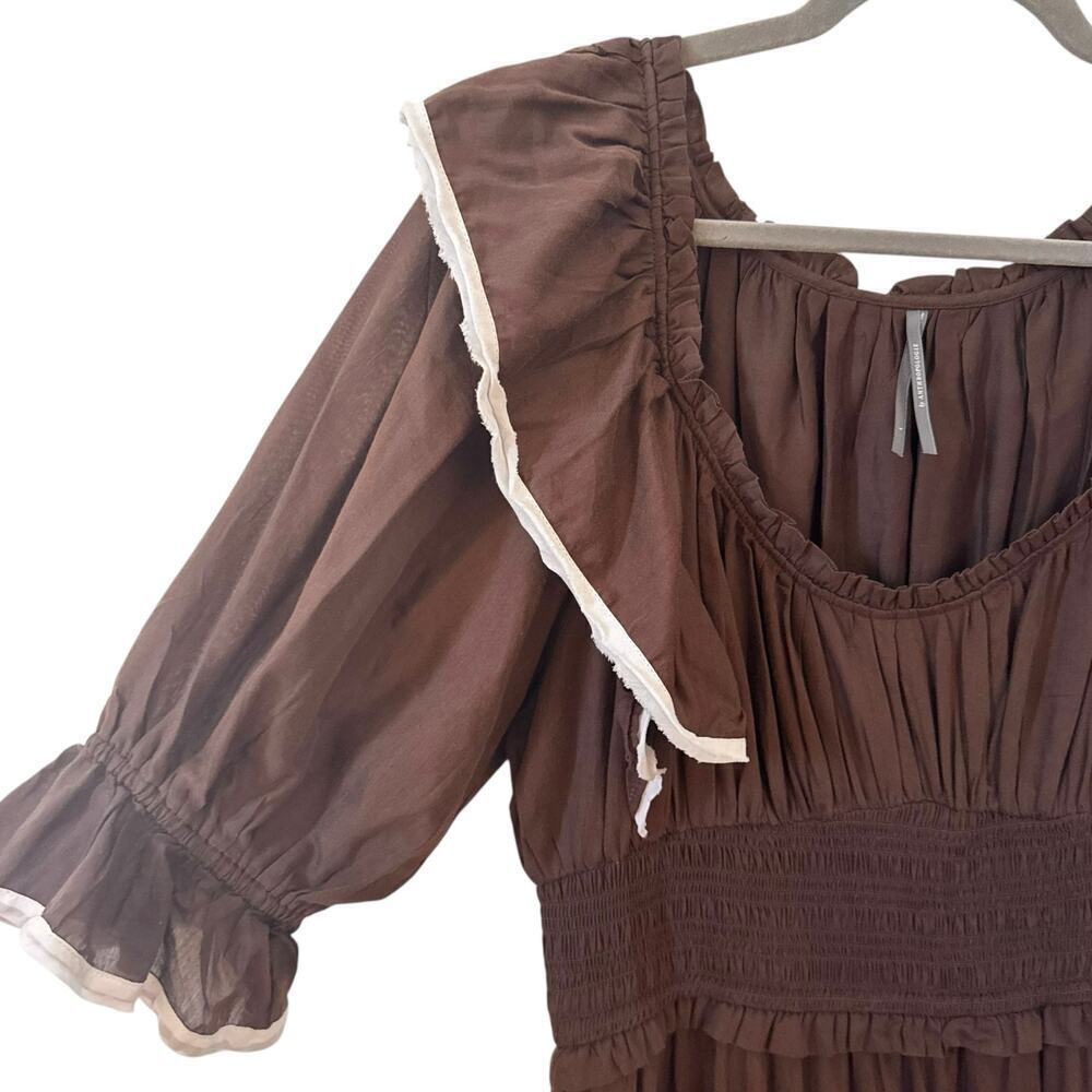 Anthropologie Puff Sleeve Scoop-Neck Tiered Maxi Dress Brown Western Size L - Picture 7 of 12